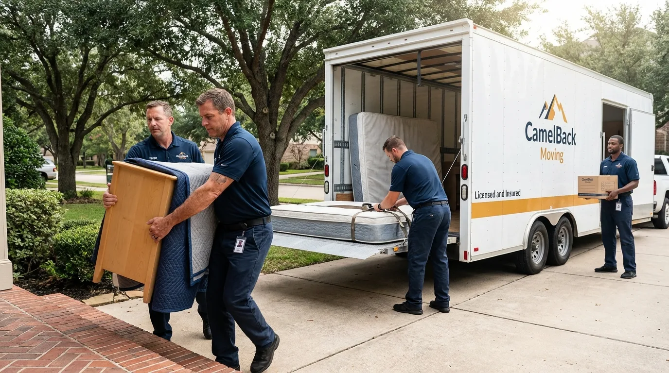 Crew loading residential truck for cross-state move from Hartford, IL