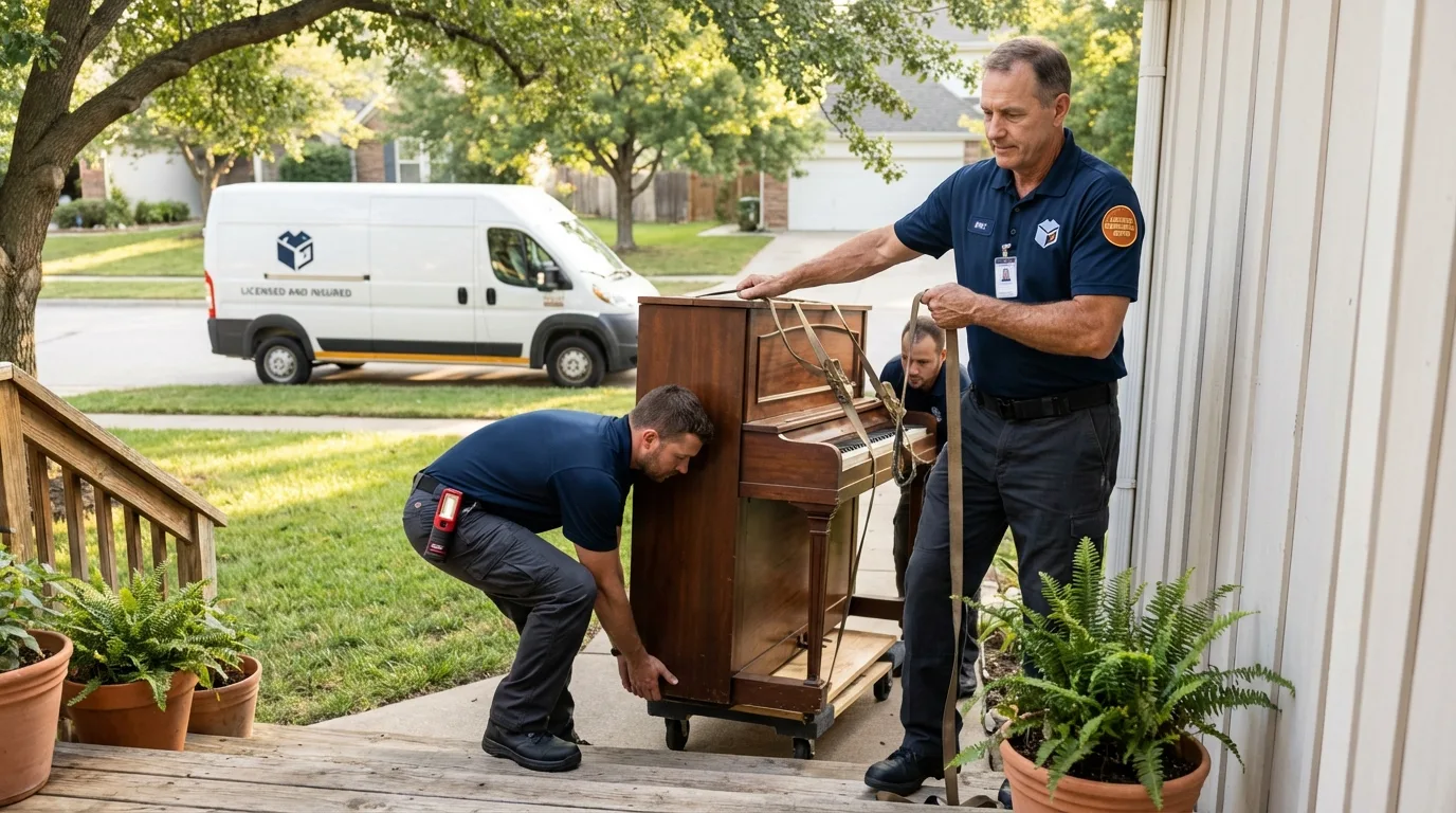 Licensed piano movers securing grand piano in Hartford, IL