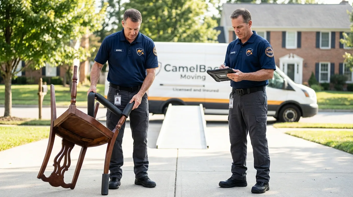 Movers inspecting furniture for damage prevention before loading in Hartford, IL