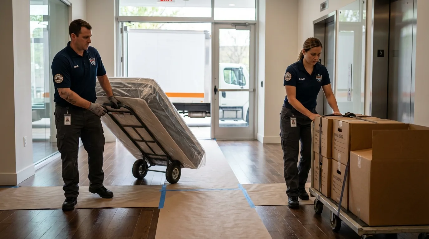 Professional apartment movers loading elevator in Hartford, IL