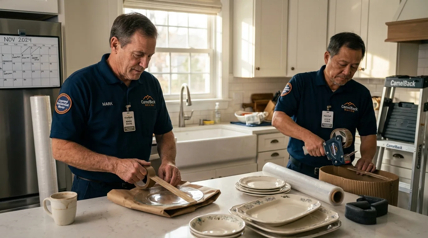 Professional crew packing kitchen dishware in Hartford, IL
